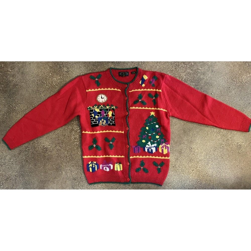 Vintage Charter Club Petites Wool Cardigan Christmas Sweater Red Womens PL